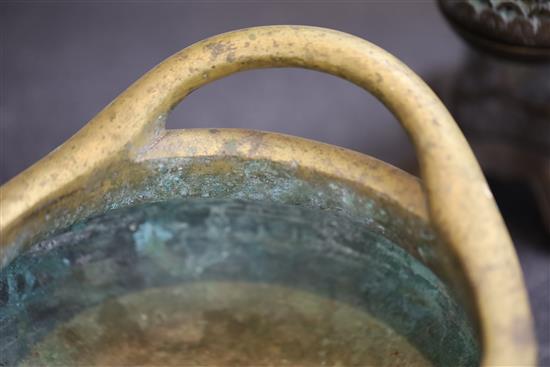 A large Chinese bronze tripod censer, Ding, Xuande four character seal mark, probably 18th / 19th century, W.25.5cm Diam. of rim 21.4cm